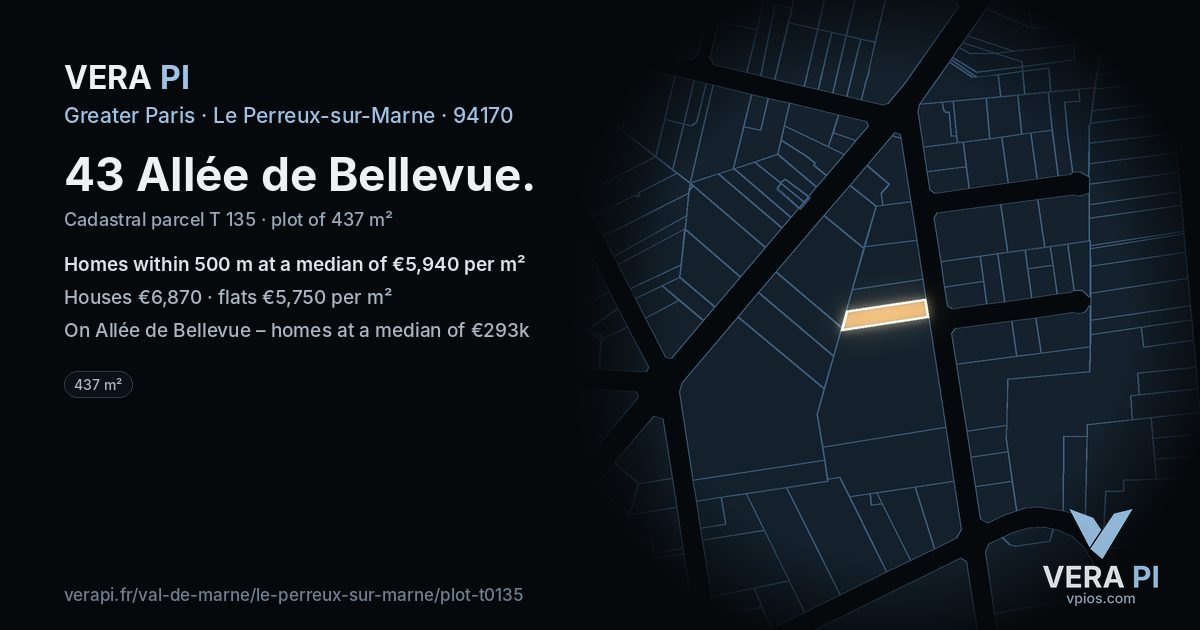 43 Allée de Bellevue, Le Perreux-sur-Marne at night – the plot lit, the parcels around coloured by the prices near them