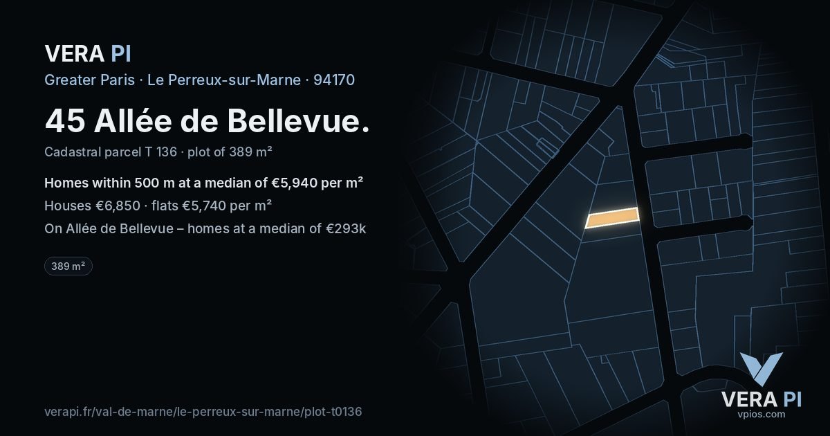 45 Allée de Bellevue, Le Perreux-sur-Marne at night – the plot lit, the parcels around coloured by the prices near them