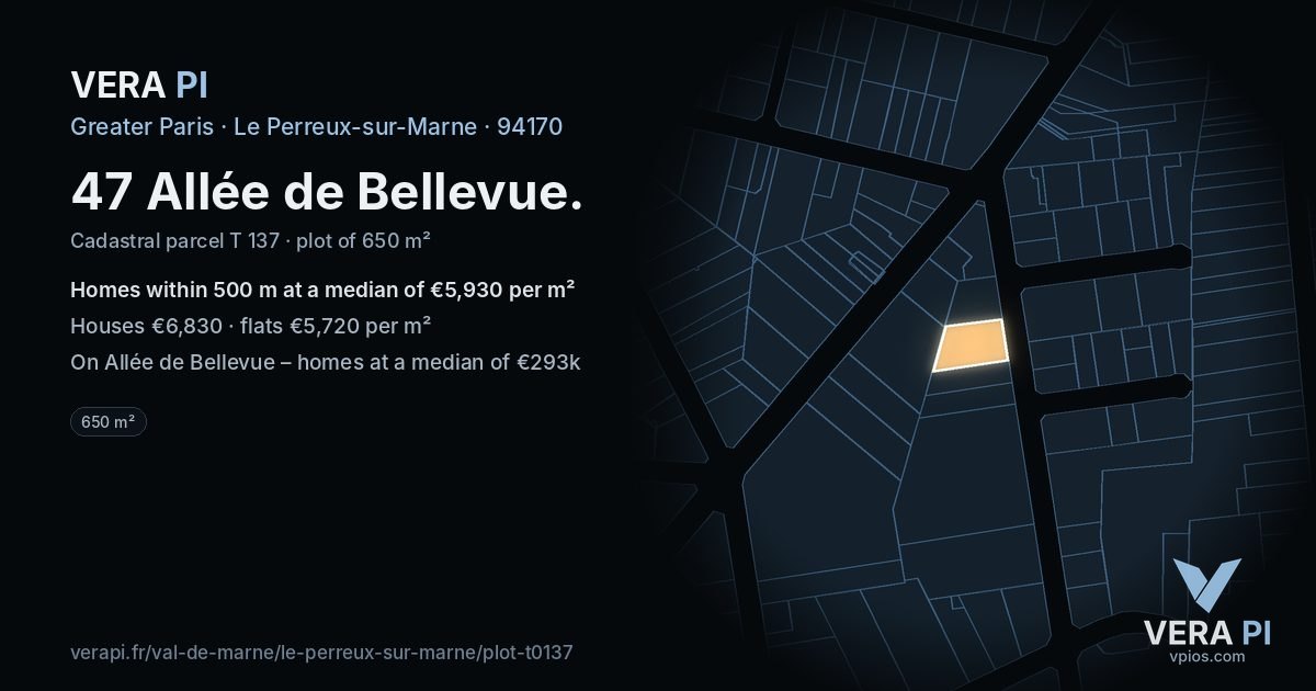 47 Allée de Bellevue, Le Perreux-sur-Marne at night – the plot lit, the parcels around coloured by the prices near them