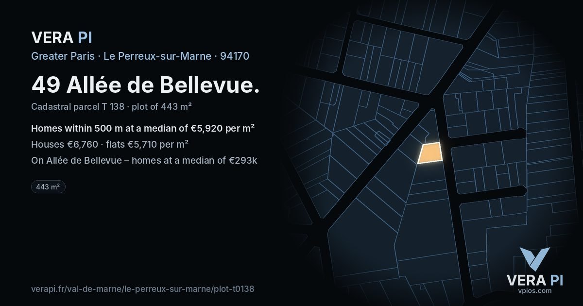 49 Allée de Bellevue, Le Perreux-sur-Marne at night – the plot lit, the parcels around coloured by the prices near them