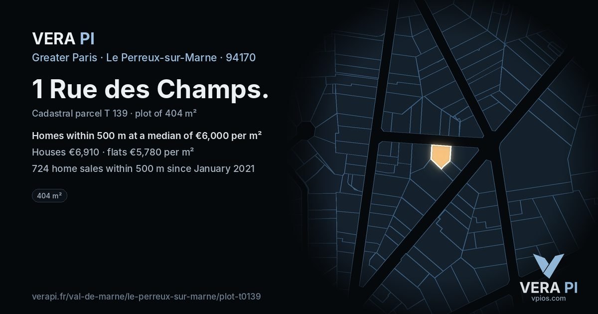 1 Rue des Champs, Le Perreux-sur-Marne at night – the plot lit, the parcels around coloured by the prices near them