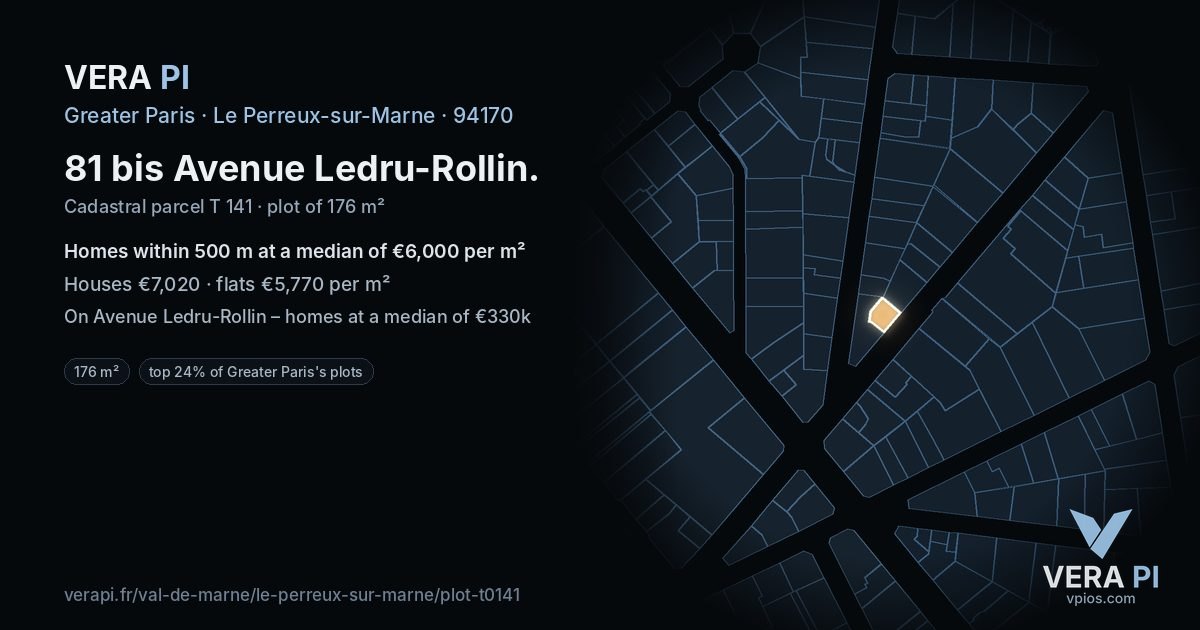 81 bis Avenue Ledru-Rollin, Le Perreux-sur-Marne at night – the plot lit, the parcels around coloured by the prices near them