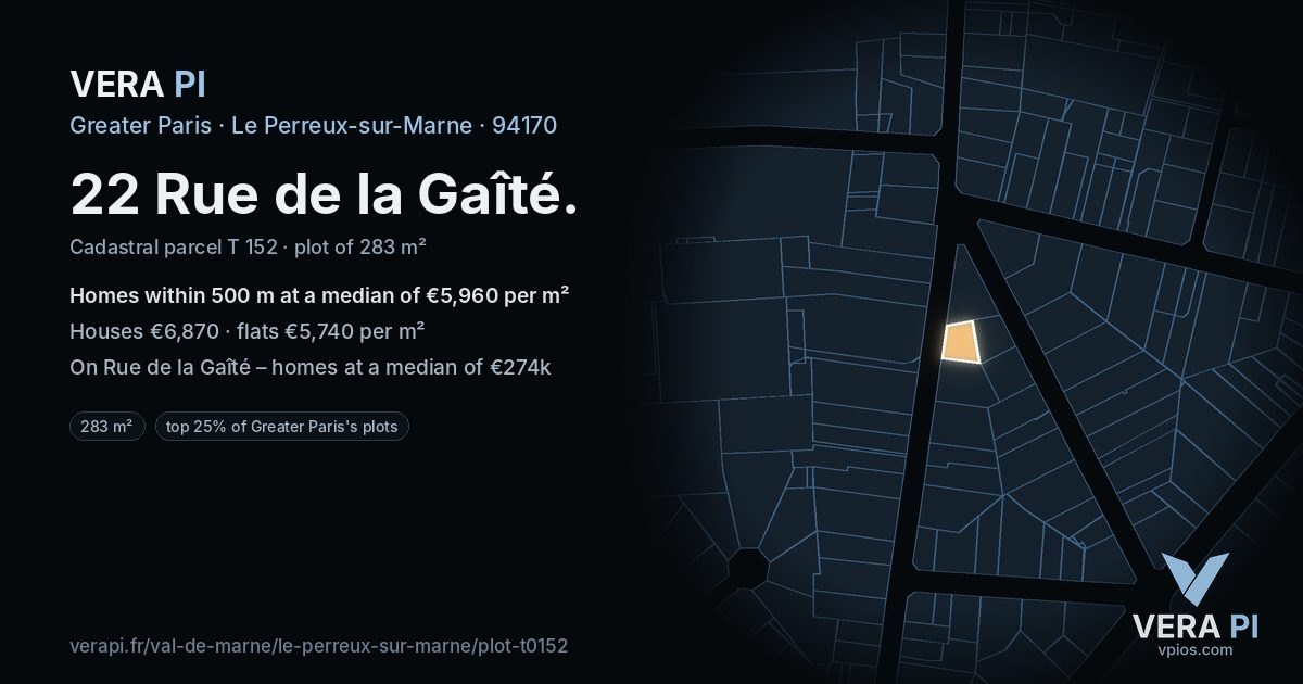 22 Rue de la Gaîté, Le Perreux-sur-Marne at night – the plot lit, the parcels around coloured by the prices near them