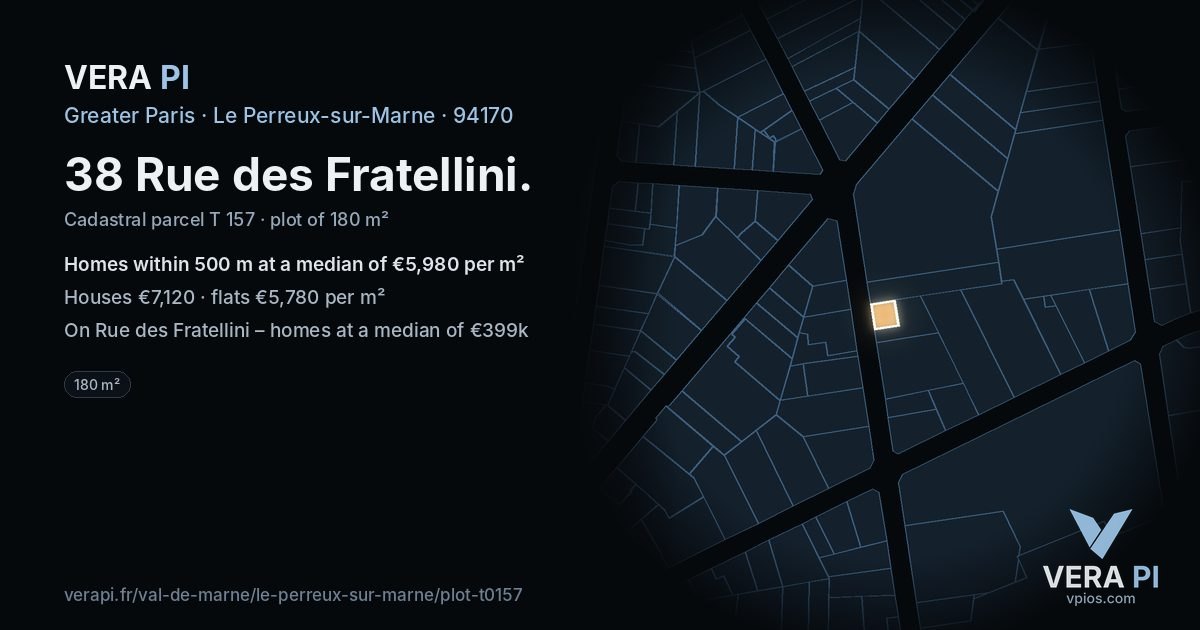 38 Rue des Fratellini, Le Perreux-sur-Marne at night – the plot lit, the parcels around coloured by the prices near them