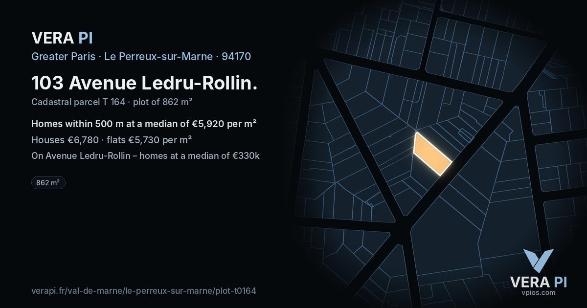 103 Avenue Ledru-Rollin, Le Perreux-sur-Marne at night – the plot lit, the parcels around coloured by the prices near them