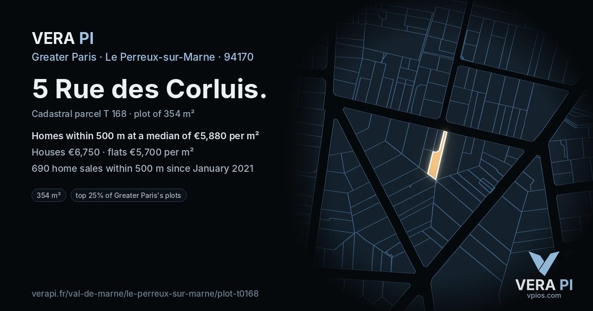 5 Rue des Corluis, Le Perreux-sur-Marne at night – the plot lit, the parcels around coloured by the prices near them