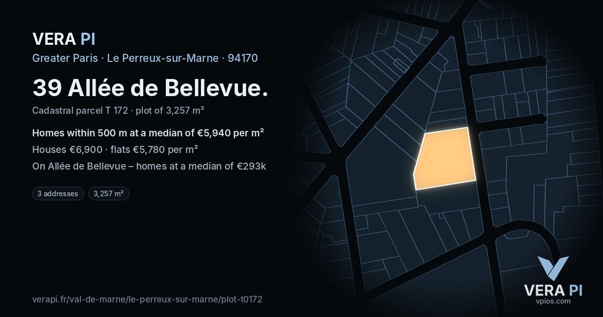 39 Allée de Bellevue, Le Perreux-sur-Marne at night – the plot lit, the parcels around coloured by the prices near them