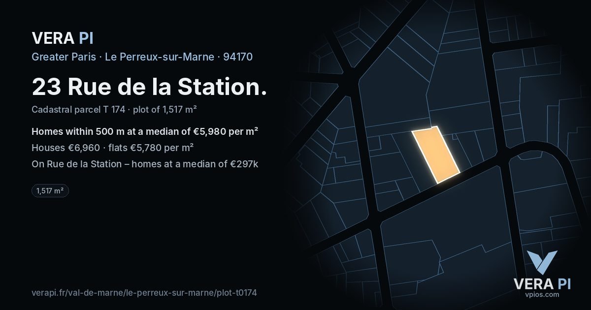 23 Rue de la Station, Le Perreux-sur-Marne at night – the plot lit, the parcels around coloured by the prices near them