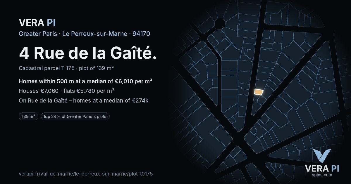 4 Rue de la Gaîté, Le Perreux-sur-Marne at night – the plot lit, the parcels around coloured by the prices near them