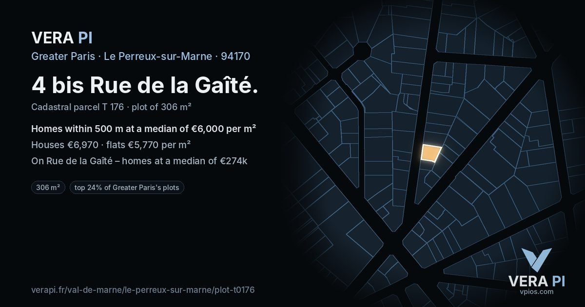 4 bis Rue de la Gaîté, Le Perreux-sur-Marne at night – the plot lit, the parcels around coloured by the prices near them