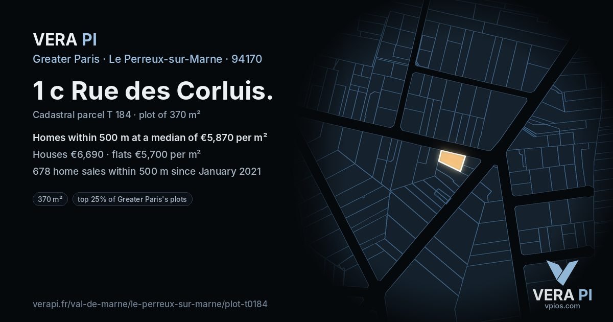 1 c Rue des Corluis, Le Perreux-sur-Marne at night – the plot lit, the parcels around coloured by the prices near them