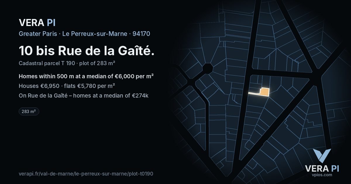 10 bis Rue de la Gaîté, Le Perreux-sur-Marne at night – the plot lit, the parcels around coloured by the prices near them
