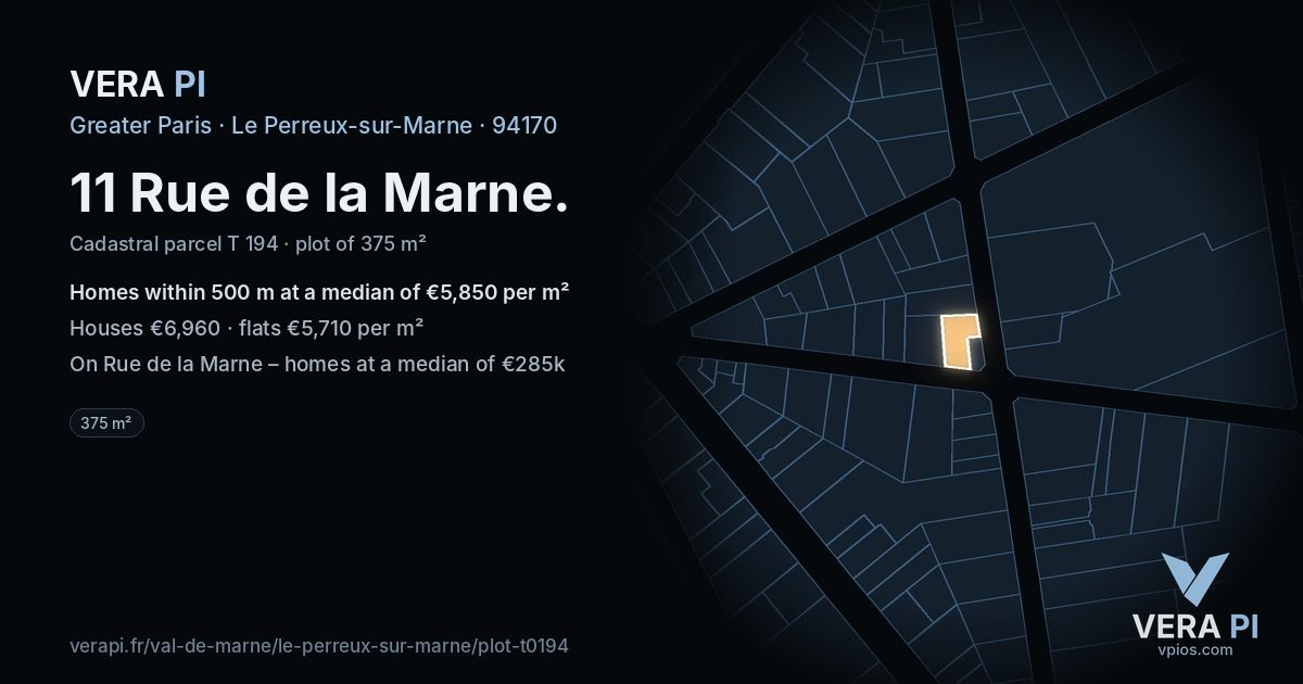 11 Rue de la Marne, Le Perreux-sur-Marne at night – the plot lit, the parcels around coloured by the prices near them