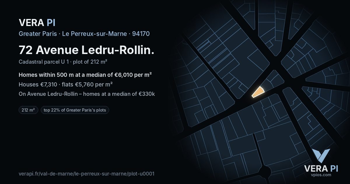 72 Avenue Ledru-Rollin, Le Perreux-sur-Marne at night – the plot lit, the parcels around coloured by the prices near them