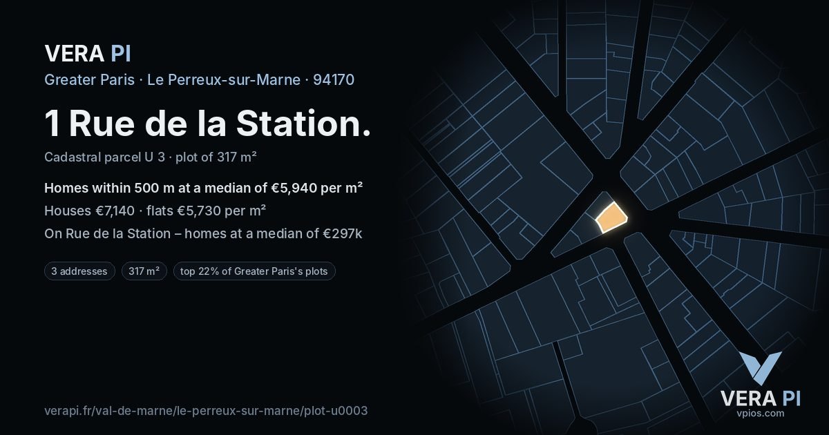 1 Rue de la Station, Le Perreux-sur-Marne at night – the plot lit, the parcels around coloured by the prices near them