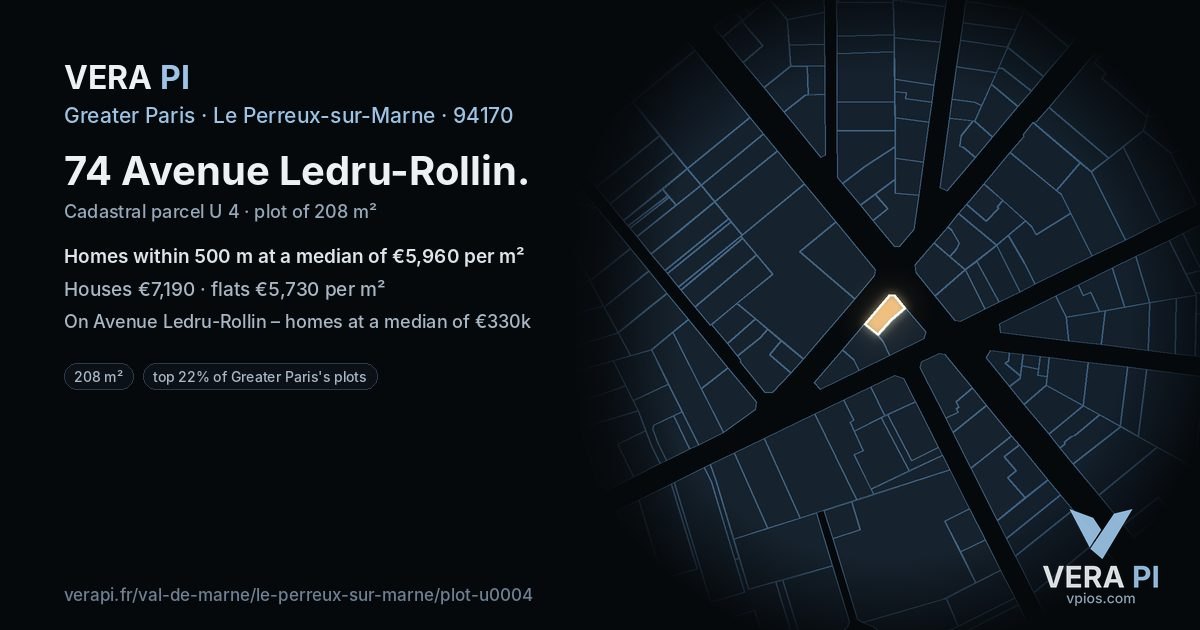 74 Avenue Ledru-Rollin, Le Perreux-sur-Marne at night – the plot lit, the parcels around coloured by the prices near them