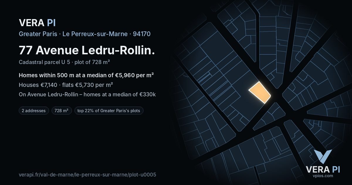 77 Avenue Ledru-Rollin, Le Perreux-sur-Marne at night – the plot lit, the parcels around coloured by the prices near them