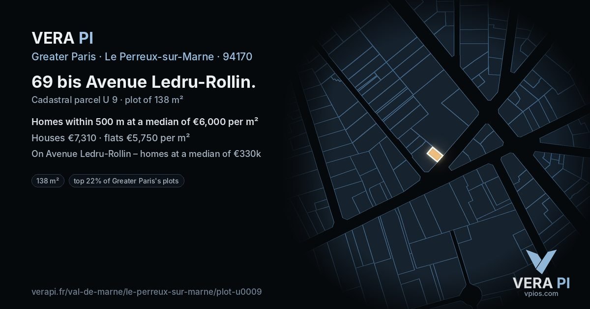 69 bis Avenue Ledru-Rollin, Le Perreux-sur-Marne at night – the plot lit, the parcels around coloured by the prices near them