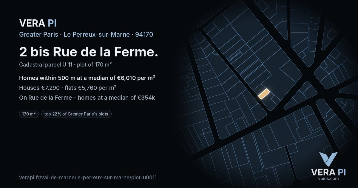 2 bis Rue de la Ferme, Le Perreux-sur-Marne at night – the plot lit, the parcels around coloured by the prices near them