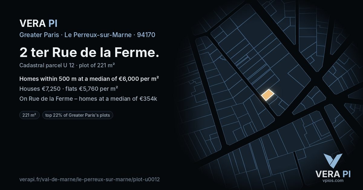 2 ter Rue de la Ferme, Le Perreux-sur-Marne at night – the plot lit, the parcels around coloured by the prices near them