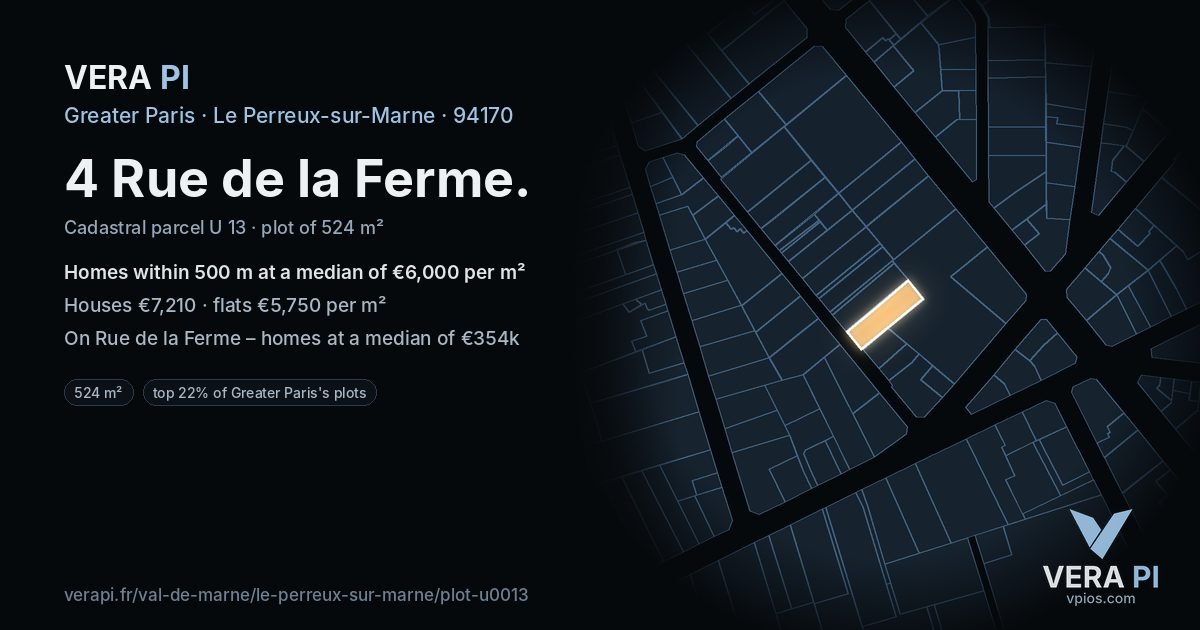 4 Rue de la Ferme, Le Perreux-sur-Marne at night – the plot lit, the parcels around coloured by the prices near them
