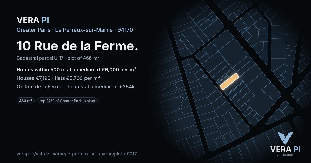 10 Rue de la Ferme, Le Perreux-sur-Marne at night – the plot lit, the parcels around coloured by the prices near them