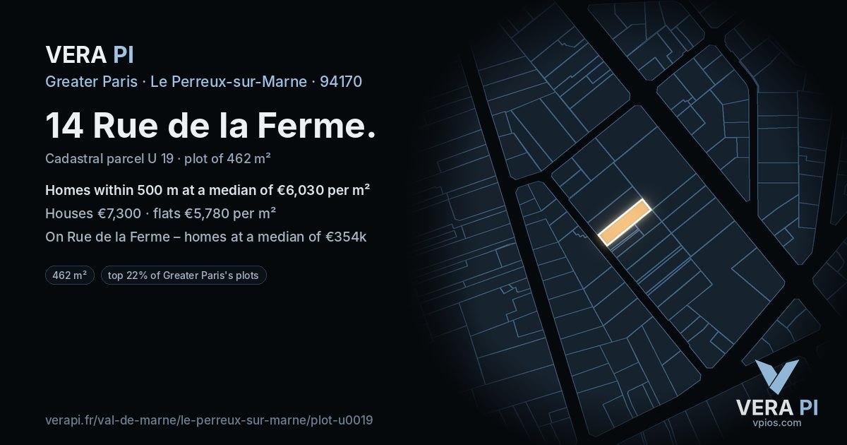 14 Rue de la Ferme, Le Perreux-sur-Marne at night – the plot lit, the parcels around coloured by the prices near them