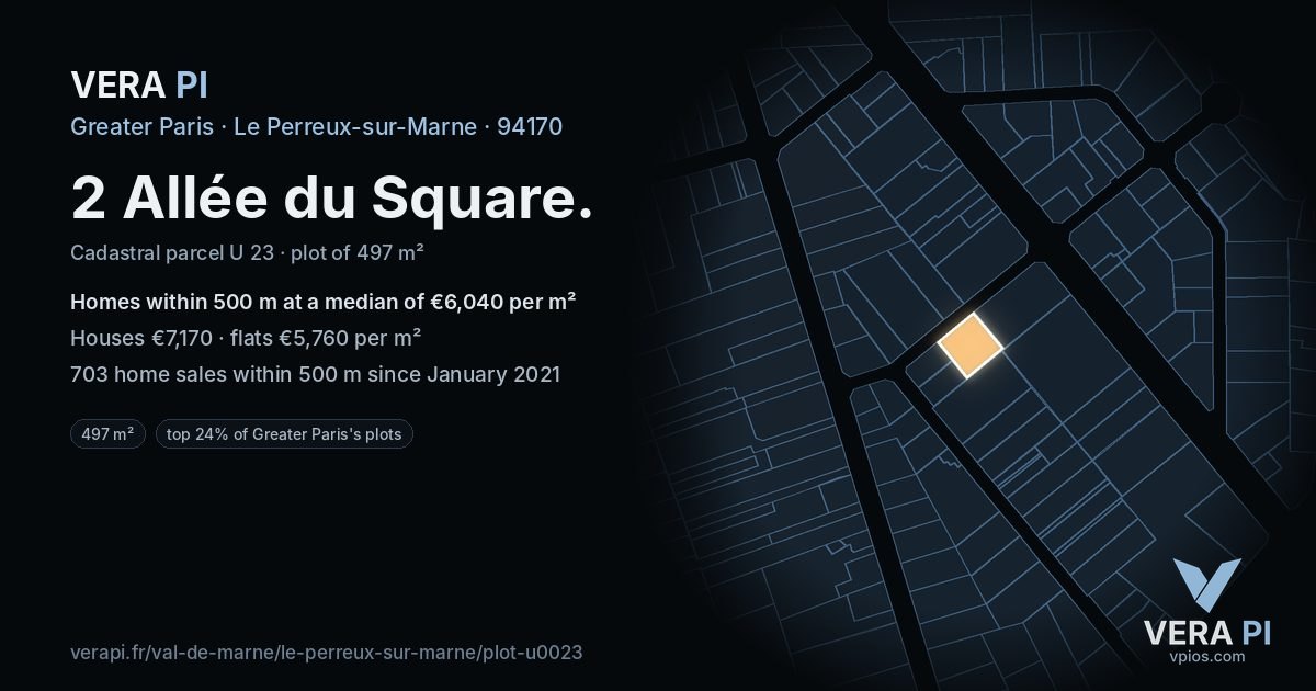 2 Allée du Square, Le Perreux-sur-Marne at night – the plot lit, the parcels around coloured by the prices near them