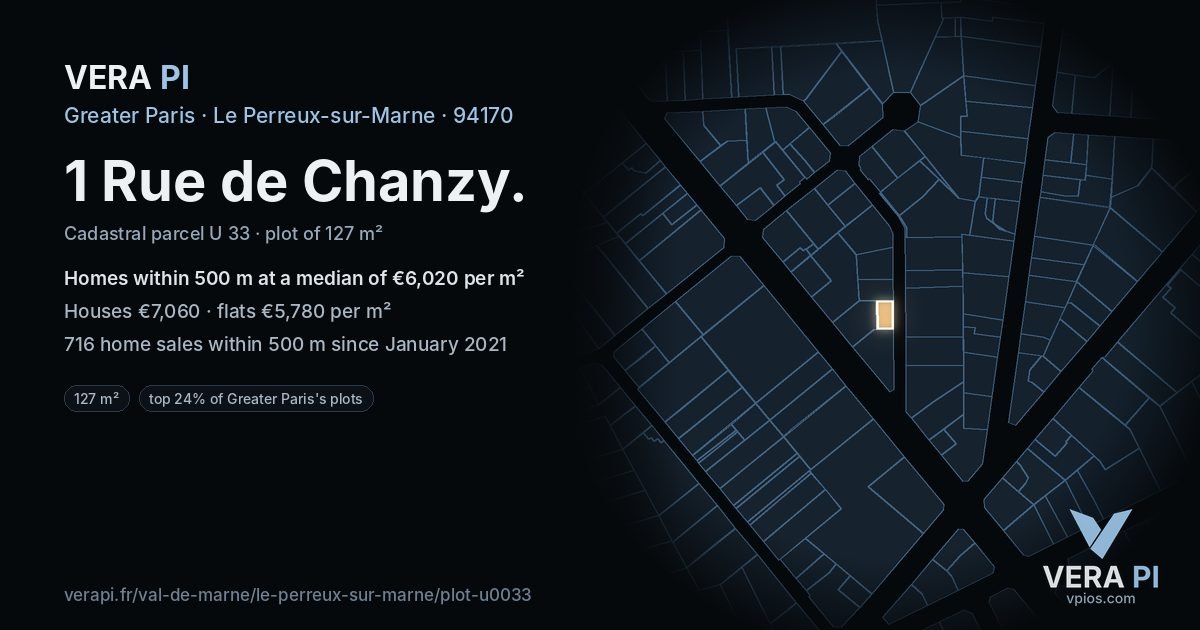 1 Rue de Chanzy, Le Perreux-sur-Marne at night – the plot lit, the parcels around coloured by the prices near them