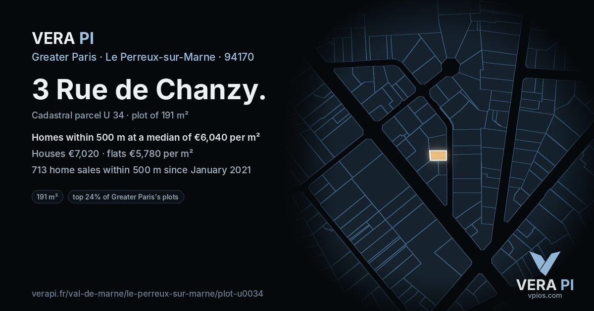 3 Rue de Chanzy, Le Perreux-sur-Marne at night – the plot lit, the parcels around coloured by the prices near them