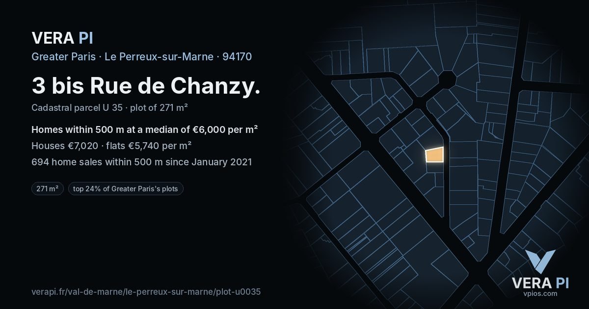 3 bis Rue de Chanzy, Le Perreux-sur-Marne at night – the plot lit, the parcels around coloured by the prices near them