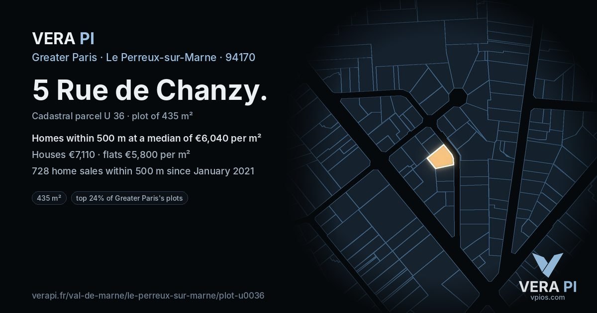 5 Rue de Chanzy, Le Perreux-sur-Marne at night – the plot lit, the parcels around coloured by the prices near them