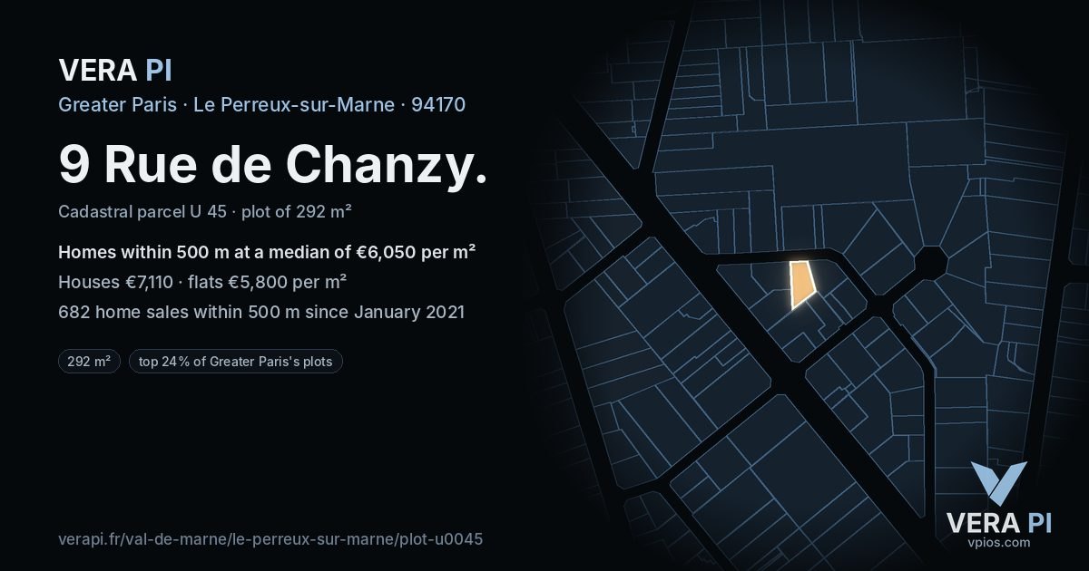 9 Rue de Chanzy, Le Perreux-sur-Marne at night – the plot lit, the parcels around coloured by the prices near them