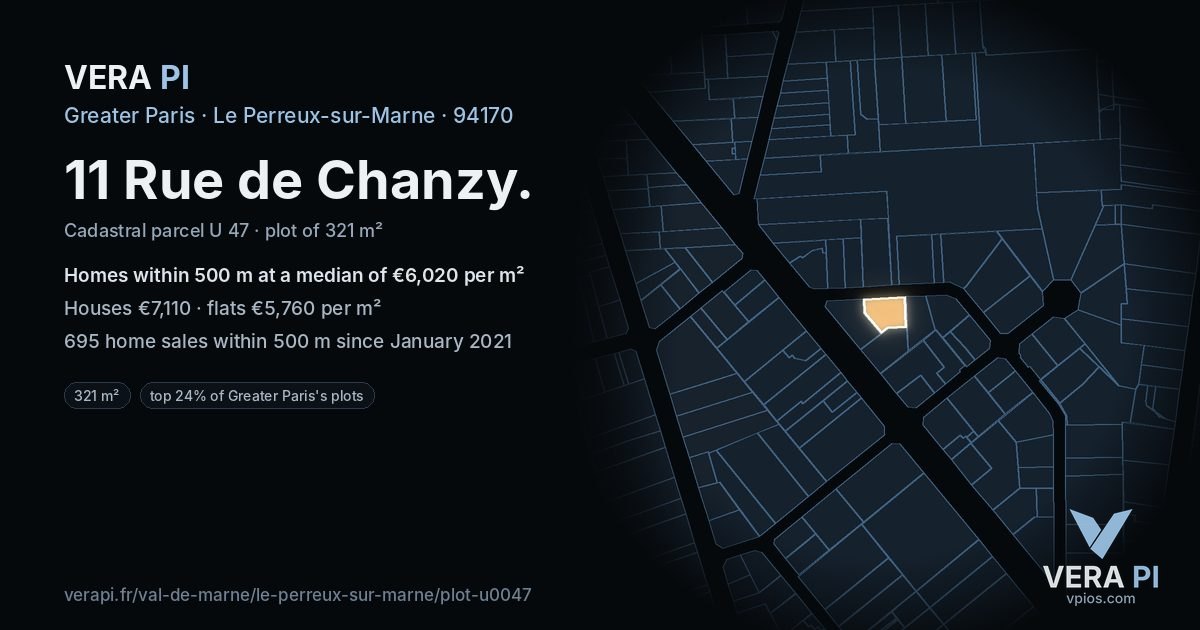 11 Rue de Chanzy, Le Perreux-sur-Marne at night – the plot lit, the parcels around coloured by the prices near them