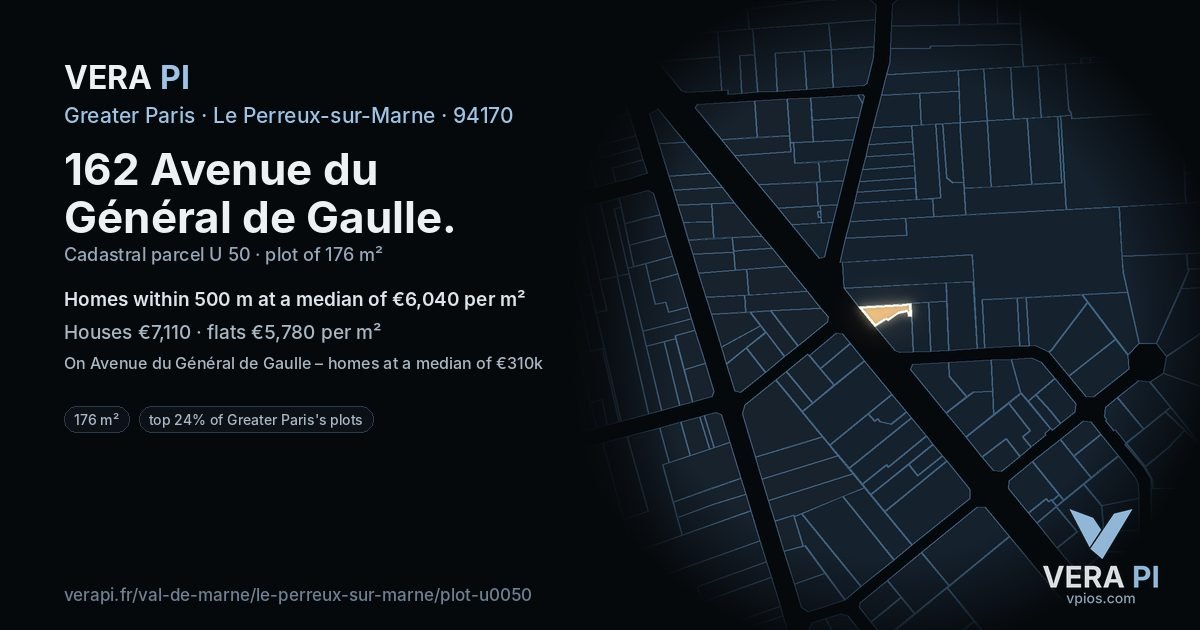 162 Avenue du Général de Gaulle, Le Perreux-sur-Marne at night – the plot lit, the parcels around coloured by the prices near them