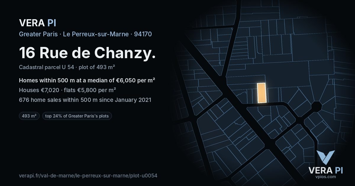 16 Rue de Chanzy, Le Perreux-sur-Marne at night – the plot lit, the parcels around coloured by the prices near them