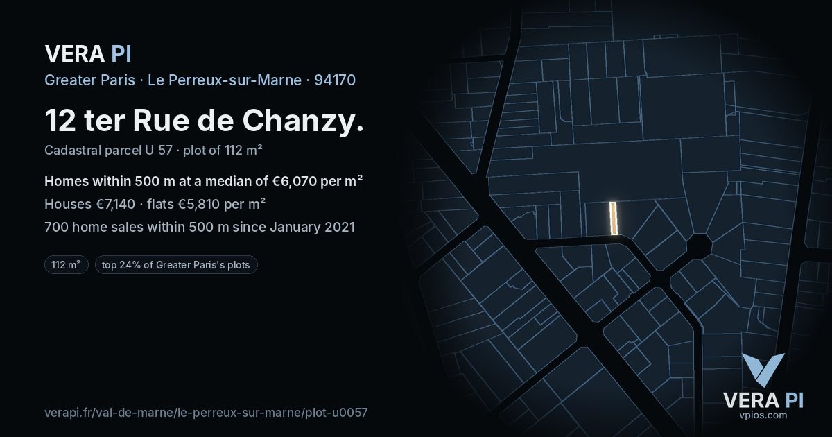 12 ter Rue de Chanzy, Le Perreux-sur-Marne at night – the plot lit, the parcels around coloured by the prices near them