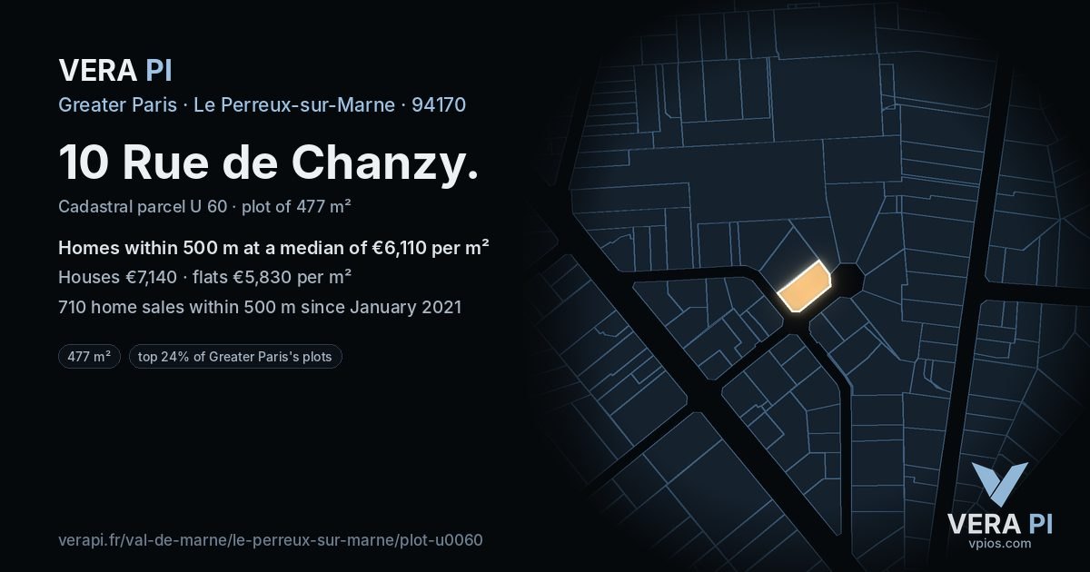 10 Rue de Chanzy, Le Perreux-sur-Marne at night – the plot lit, the parcels around coloured by the prices near them