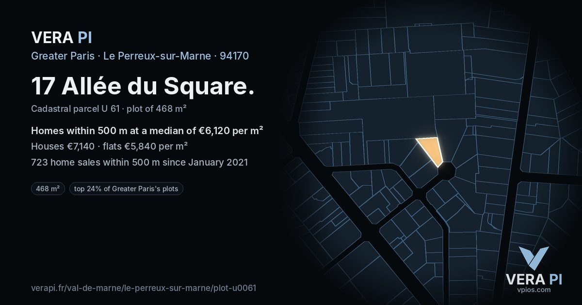 17 Allée du Square, Le Perreux-sur-Marne at night – the plot lit, the parcels around coloured by the prices near them