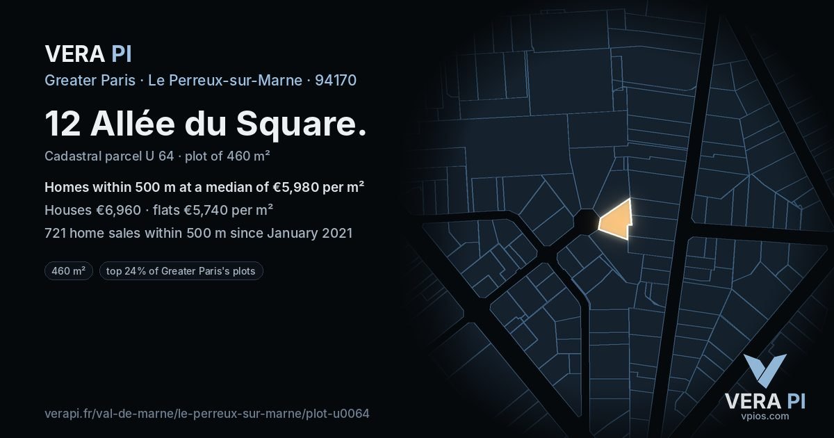 12 Allée du Square, Le Perreux-sur-Marne at night – the plot lit, the parcels around coloured by the prices near them