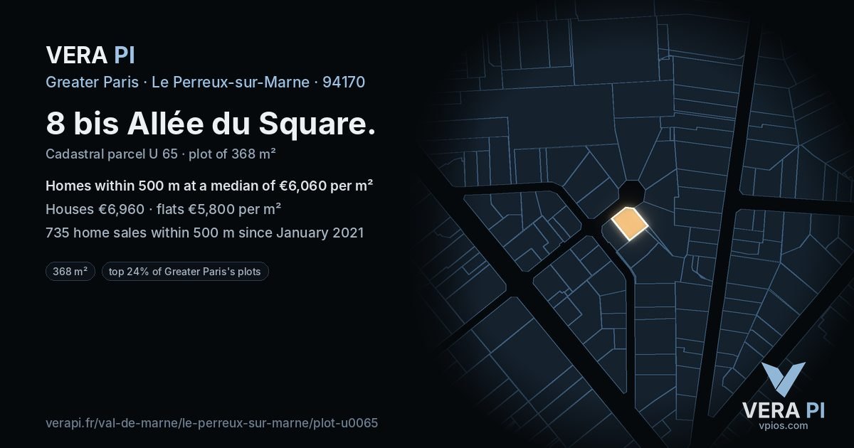 8 bis Allée du Square, Le Perreux-sur-Marne at night – the plot lit, the parcels around coloured by the prices near them