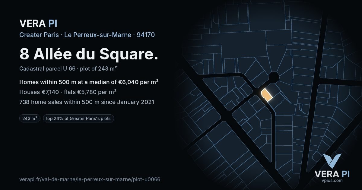 8 Allée du Square, Le Perreux-sur-Marne at night – the plot lit, the parcels around coloured by the prices near them
