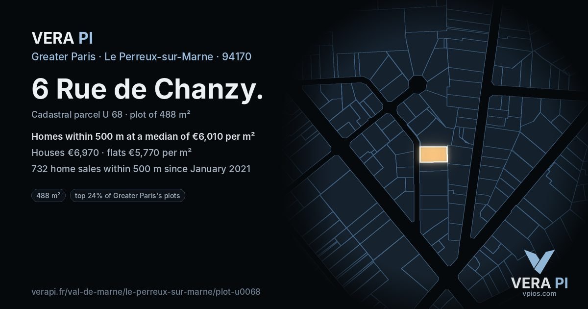 6 Rue de Chanzy, Le Perreux-sur-Marne at night – the plot lit, the parcels around coloured by the prices near them