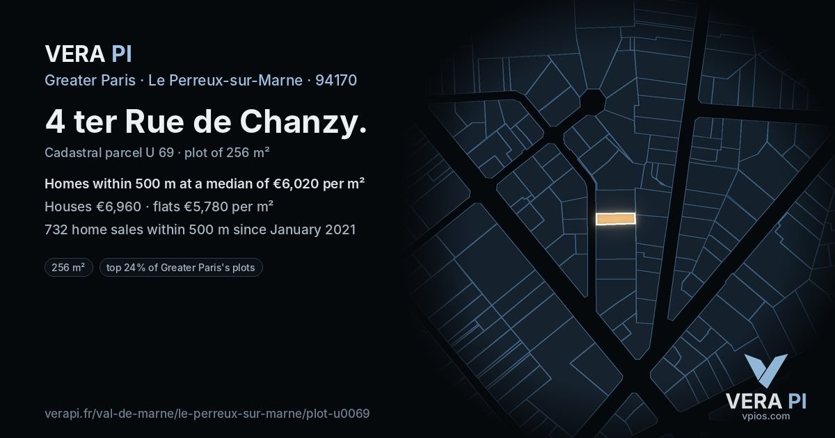 4 ter Rue de Chanzy, Le Perreux-sur-Marne at night – the plot lit, the parcels around coloured by the prices near them