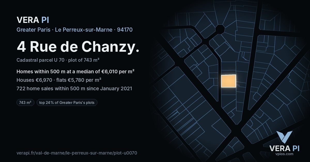4 Rue de Chanzy, Le Perreux-sur-Marne at night – the plot lit, the parcels around coloured by the prices near them