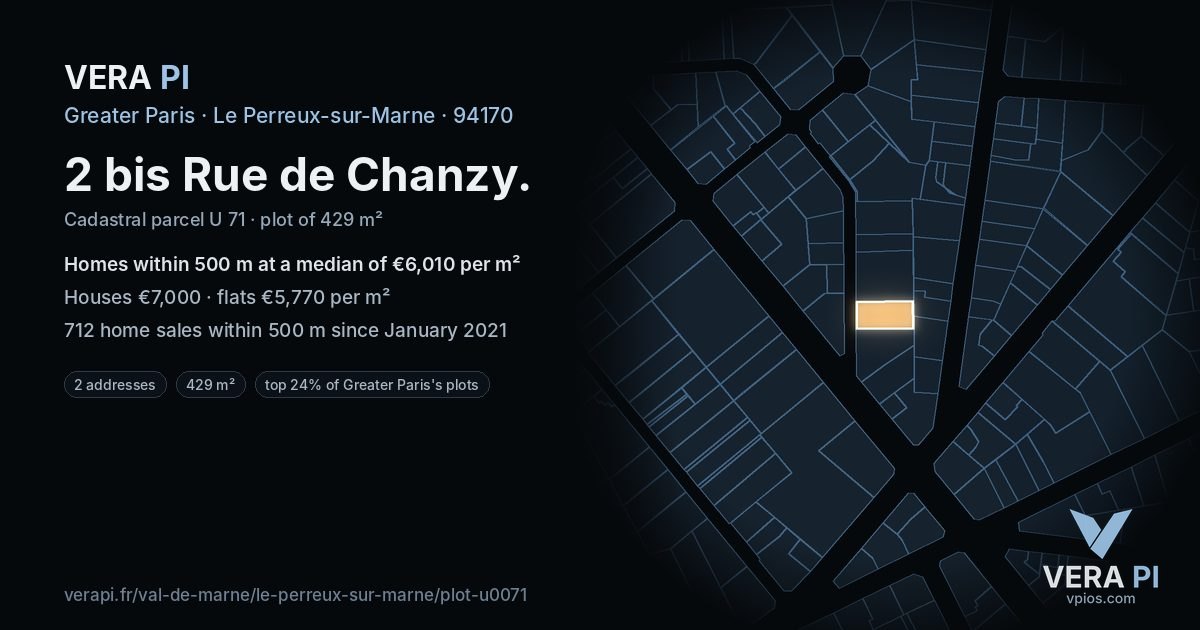 2 bis Rue de Chanzy, Le Perreux-sur-Marne at night – the plot lit, the parcels around coloured by the prices near them