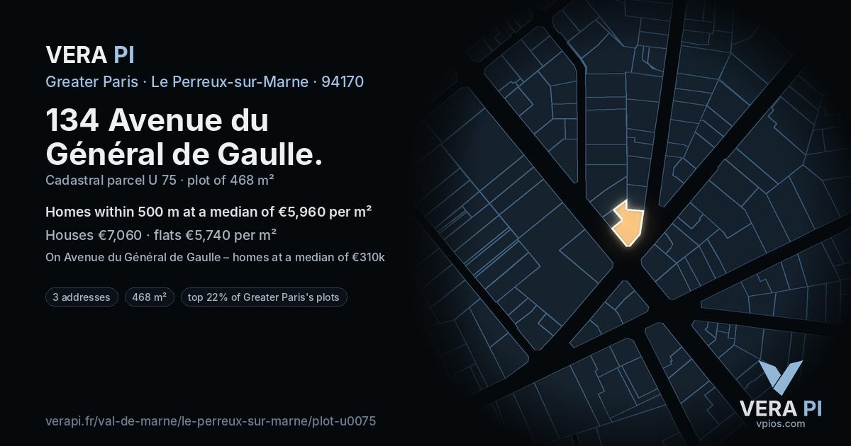 134 Avenue du Général de Gaulle, Le Perreux-sur-Marne at night – the plot lit, the parcels around coloured by the prices near them