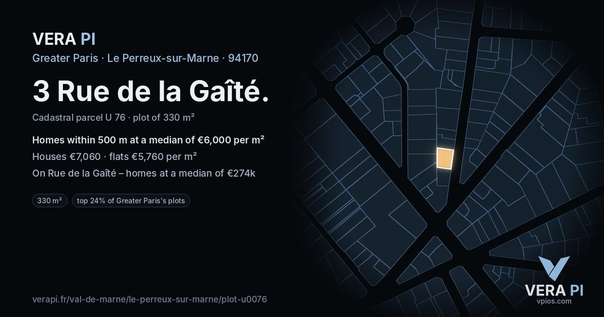 3 Rue de la Gaîté, Le Perreux-sur-Marne at night – the plot lit, the parcels around coloured by the prices near them