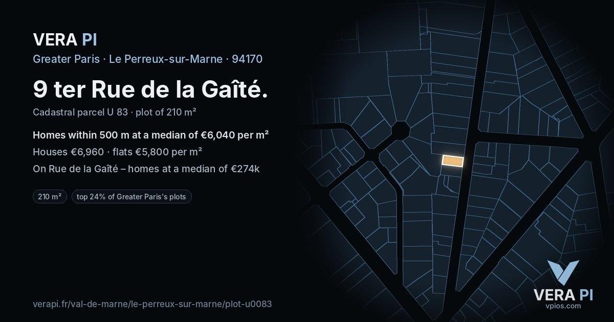 9 ter Rue de la Gaîté, Le Perreux-sur-Marne at night – the plot lit, the parcels around coloured by the prices near them