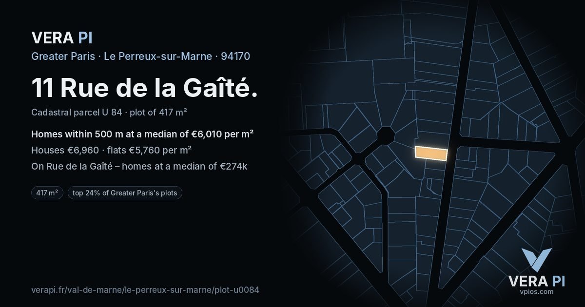 11 Rue de la Gaîté, Le Perreux-sur-Marne at night – the plot lit, the parcels around coloured by the prices near them